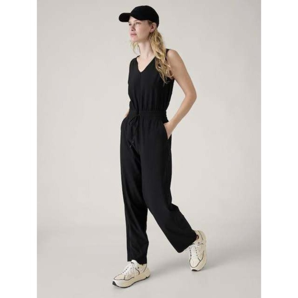 Athleta Womens Navy Blue V-Neck Drawstring Waist Wide Leg Jumpsuit 1X